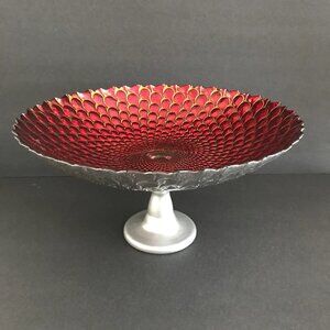 Vintage Mid-Century Metal & Glass Red Gold & Silver Compote Bowl